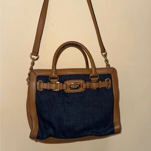 Brown Leather-Trim Denim Satchel Bag